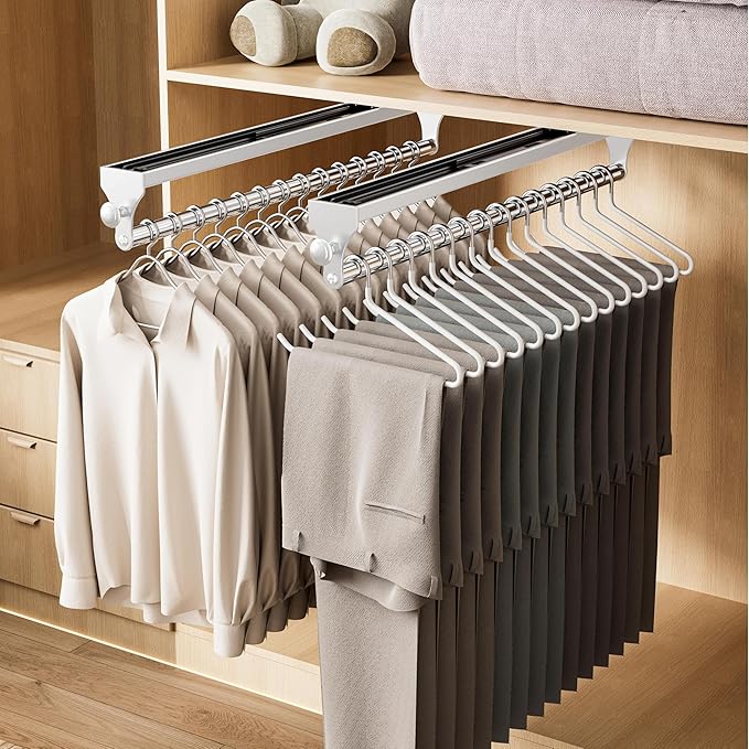 Pull Out Closet Valet Rod, Heavy Duty Adjustable Closet Rod, 13.7inch Telescopic Pant Rack, Space Aluminum Clothes Hanger Rail, Closet Storage Organizer for Trousers Clothes White