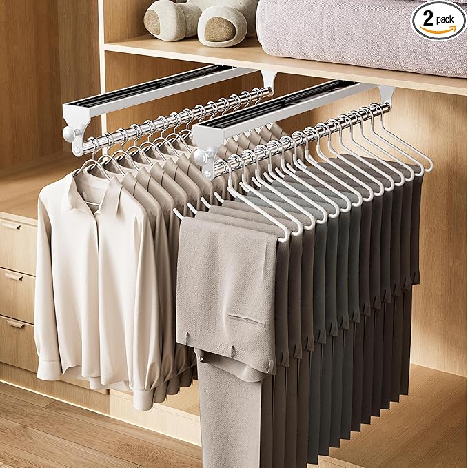 2 Pack Pull Out Closet Rod, 13.7inch Heavy Duty Pants Rack, Adjustable Clothes Hanger Rail, Space Aluminum Valet Rod, Top Mounted Wardrobe Clothes Organizer, Closet Storage for Trousers Coats White
