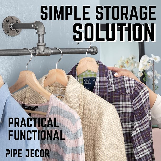 PIPE DECOR Black Steel Wall-Mounted Tee-Style Clothing Rack Kit, DIY Industrial Pipe Coat Rack