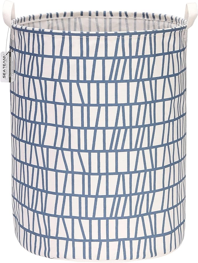 Sea Team 19.7 Inches Large Sized Waterproof Coating Ramie Cotton Fabric Folding Laundry Hamper Bucket Cylindric Burlap Canvas Storage Basket with Stylish Branch Blue Design