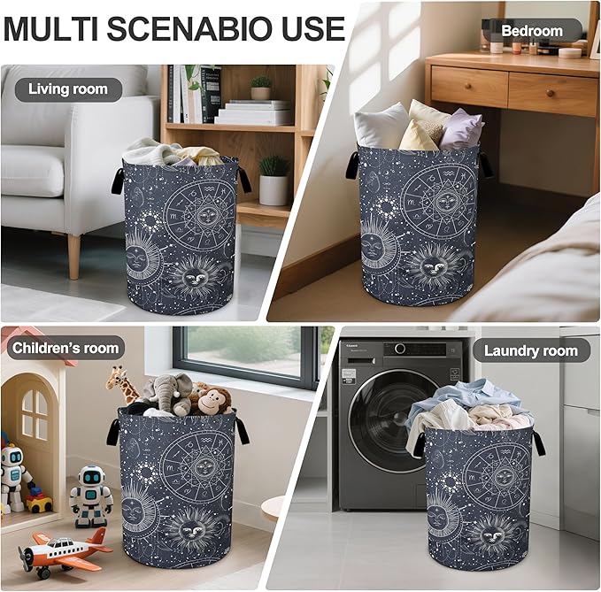 Sun Moon Laundry Basket Foldable Oxford Cloth Tote Bag Laundry Hamper Clothes Storage Bucket Organizer For Bathroom/Laundry Storage/Bedroom 19.6x15.7 Inch