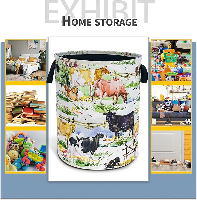 Cow Laundry Basket Farm Animals Foldable Waterproof Oxford Cloth Funny Tote Bag Laundry Hamper Clothes Storage Bucket Toy Organizer For Bathroom/Laundry Storage/Bedroom 18.9x16.5 Inch
