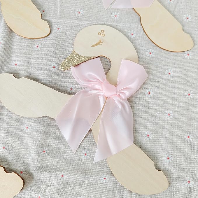 Wooden Swan Hangers with Pink Satin Bows, Gold Glitter Accents, 10 Pieces, Nursery Decor for Baby Shower，Suit Hangers- Girls Bedroom Closet Decorations,Kids Hanger with Bow,Baby Clothes Storage