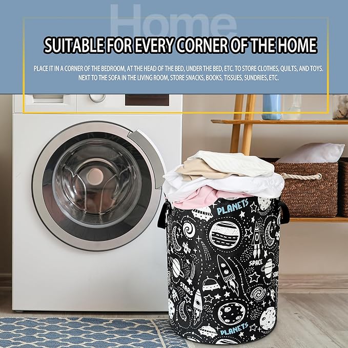 Space Planets Laundry Basket Rocket Spaceship Foldable Oxford Cloth Funny Tote Bag Laundry Hamper Clothes Storage Bucket Toy Organizer For Bathroom/Laundry Storage/Bedroom 18.9x16.5 In