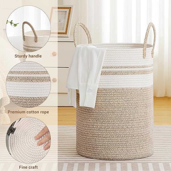Tall Laundry Basket with Handles, 72L Portable Dirty Clothes Hamper, Boho Cotton Rope Storage Bin for Blankets Kids Toys Gifts, Large Organizer for Baby Nursery Bedroom Bathroom, New Brown