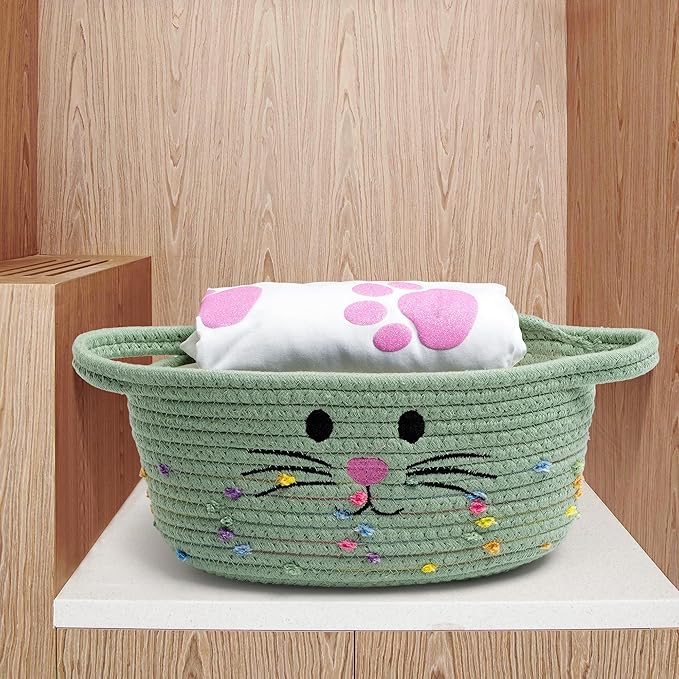 Small Woven Baskets for Organizing Rope with Handle Cute Cotton Basket for Nursery Gift Dog Cat Toy Storage Basket for Toy Organizer-Green