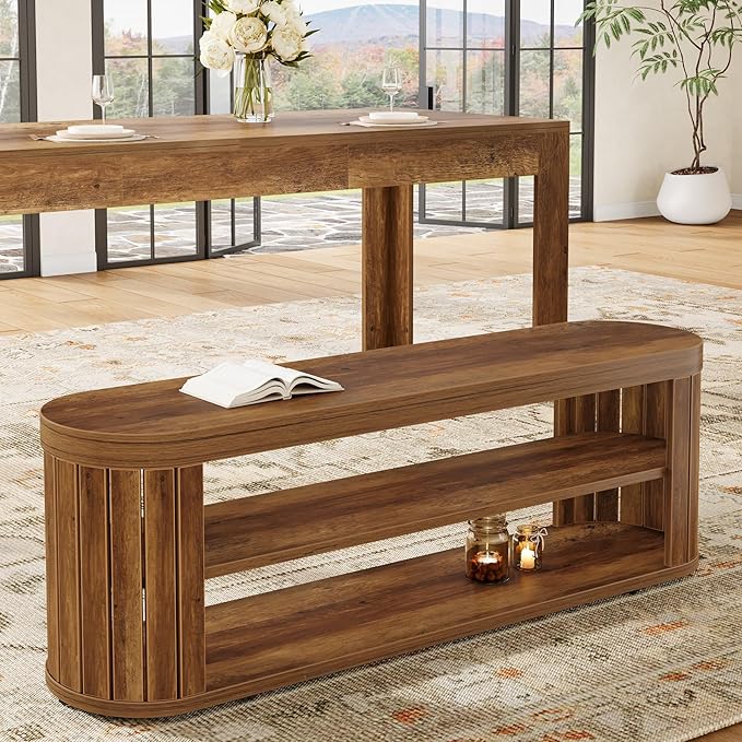 Tribesigns 47.2" Wooden Entryway Bench with 2-Tier Shoe Storage, Farmhouse Dining Bench with Adjustable Foot Pads, End of Bed Stool for Bedroom, Hallway, Living Room, Dining Room, Rustic Brown