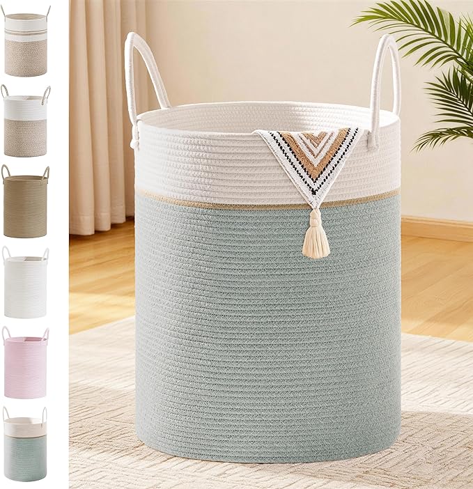 Tall Laundry Basket with Handles, 88L Portable Dirty Clothes Hamper, Boho Cotton Rope Storage Bin for Blankets Kids Toys Gifts, Large Organizer for Baby Nursery Bedroom Bathroom, Sage Green