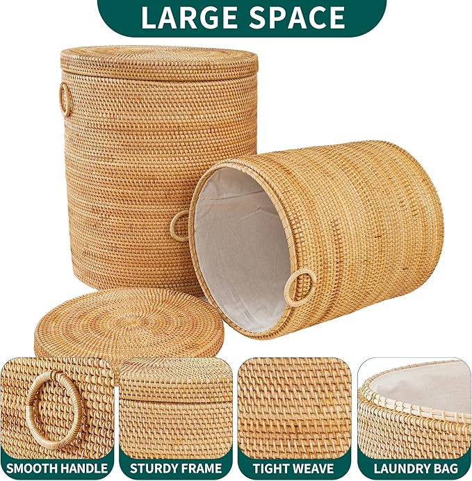 17.7"×15.7"×15.7" Rattan Laundry Basket With Handle, Rattan Laundry Hamper With Liner Bag, Round Wicker Large Hampers For Organizing Clothes Kids Toys Books