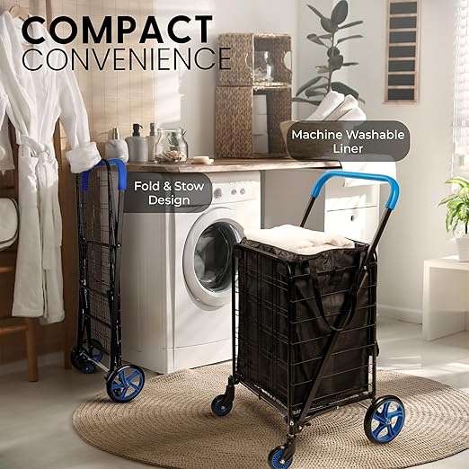SereneLife Large Folding Utility Shopping Cart with Removable Liner – Heavy Duty, 360° Swivel Wheels, 110 lb Capacity, Portable for Groceries, Laundry, Luggage, and More(Blue)