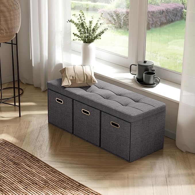 Ornavo Home Storage Ottoman with 3 Drawers, 40 Inches Long Foldable Tufted Linen Large Bench Ottoman with Storage, Foot Rest Stool Seat, for Living Room, Bedroom, Entryway, Dark Gray