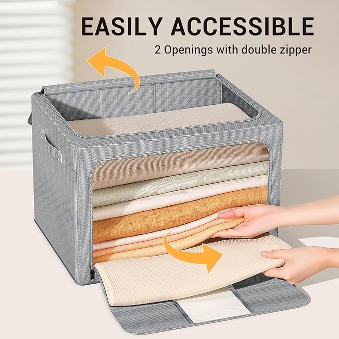 Clothes Storage Bins with Metal Frame Foldable Storage Box Clothes Organizers Storage Containers for Clothes Sheets Blankets Books Toys Gifts and Holiday Decorations (24Lx3 Pack) Deep grey