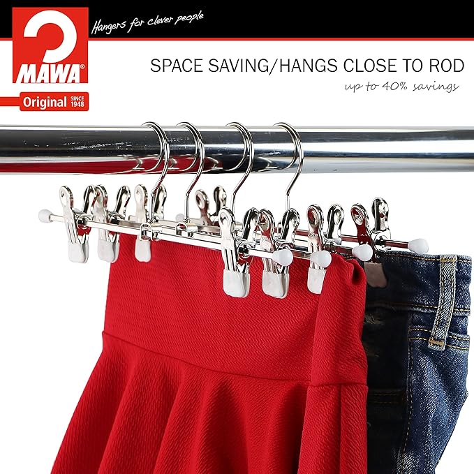Mawa by Reston Lloyd Space-Saving Clothes Hanger for Pants and Skirts with Two Non-Slip Clips, Style K/30D, 12-Inch, Set of 12, White