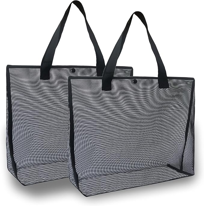 2Pack Large lightweight Simple Mesh Beach Tote Bag With snap Button Reusable Pool Bag for Outdoor Travel Shopping Gym
