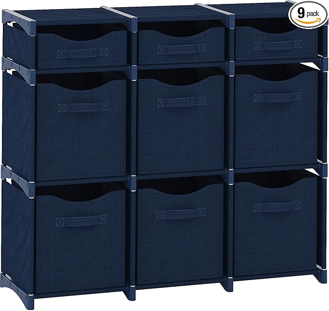 9 Cube Storage Organizer With Bins Included - Closet Storage With 9 Storage Bins - Easy To Assemble Storage Unit With Drawers - Closet Organization For Clothes, Bedroom, Nursery, & Toys (Navy)