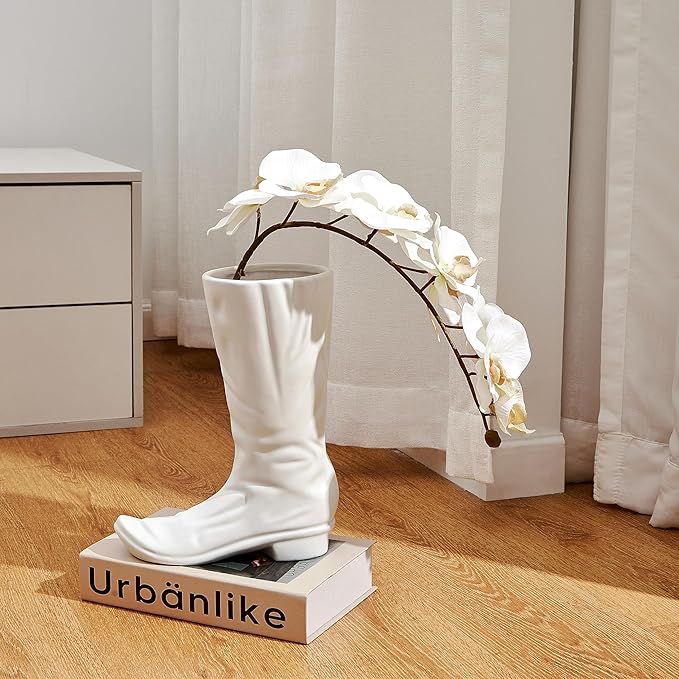 Denique White Ceramic Cowboy Boot Vase, Unique Boot Shaped Flower Vase for Home Decor, Modern Farmhouse Decorative Vase for Living Room, Bedroom, Office, Table Centerpiece, Gift for Women