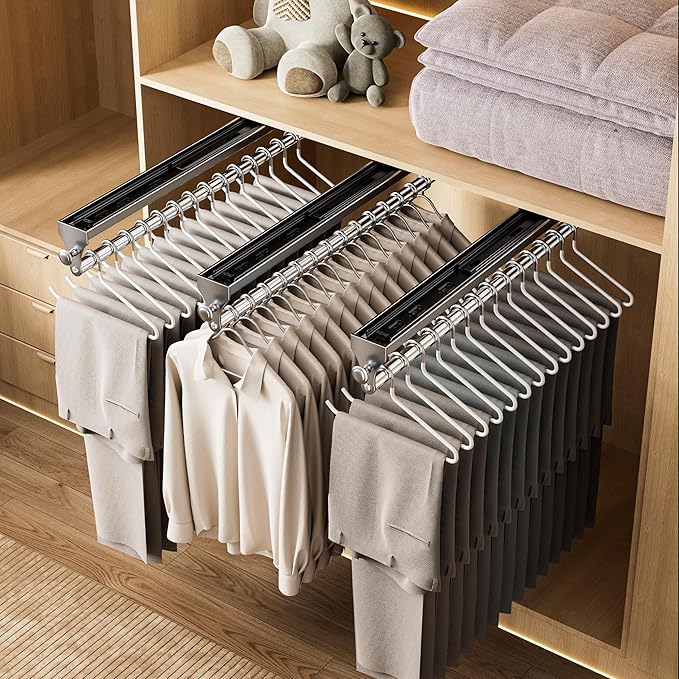 Pull Out Closet Rod, 15.7inch Heavy Duty Pants Rack, Adjustable Clothes Hanger Rail, Space Aluminum Valet Rod, Top Mounted Wardrobe Clothes Organizer, Closet Storage for Trousers Coats Gray