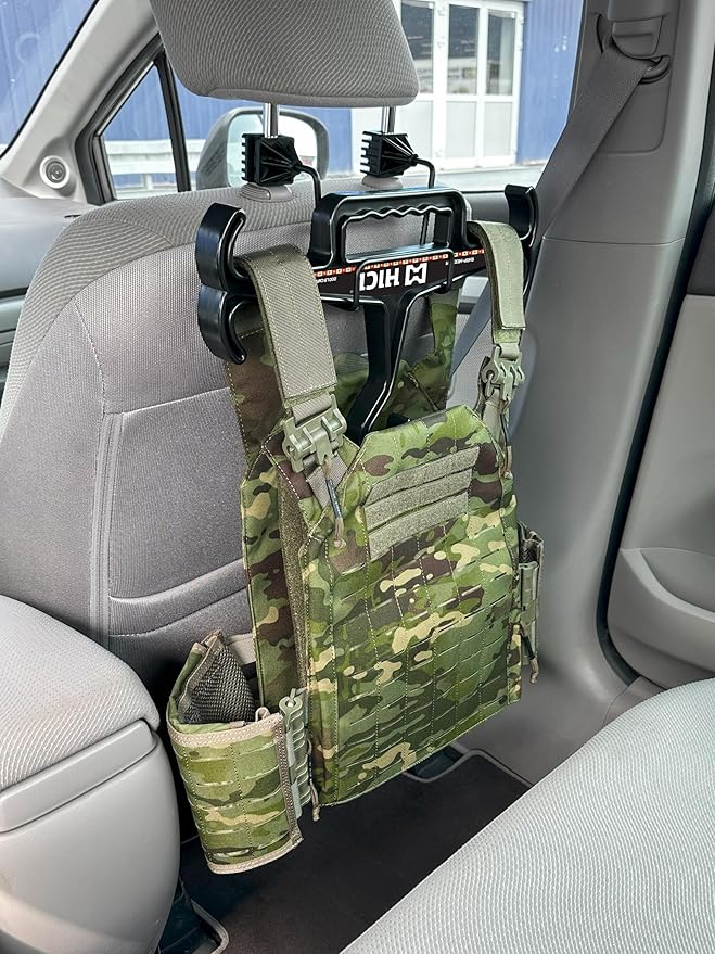 HICE Hanger with a Headrest Mount | Original Heavy Duty Standard Hanger | 200 lb Load Capacity | for Body Armor, Tactical, Police, Military Gear, Scuba (Black HICE Hanger + Headrest Mount)