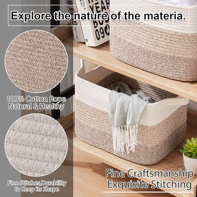 OIAHOMY Woven Storage Basket for Shelves, Rectangle Cotton Rope Baskets for Organizing, 13 x 10 x 9 in, Storage Bins for Dog Toys,Towel,Books,Gift, Gradient Brown