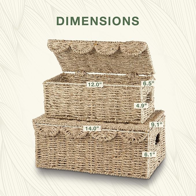 Set of 2 Scalloped Seagrass Baskets with Lid