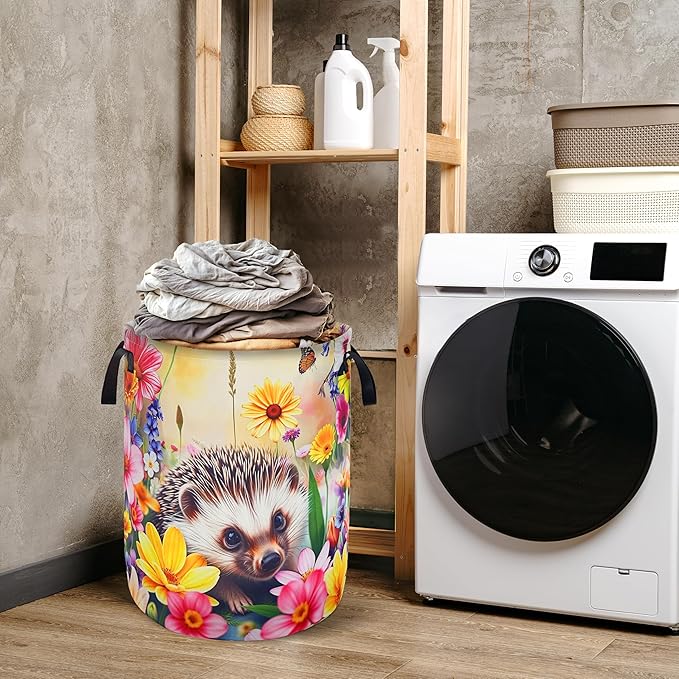 Hedgehog Laundry Basket Oxford Cloth 18.9H x 16.5Dia Foldable with Reinforced Handle Portable Colorful Flowers Storage Organizer for Home Laundry/Bedroom/Kids Room