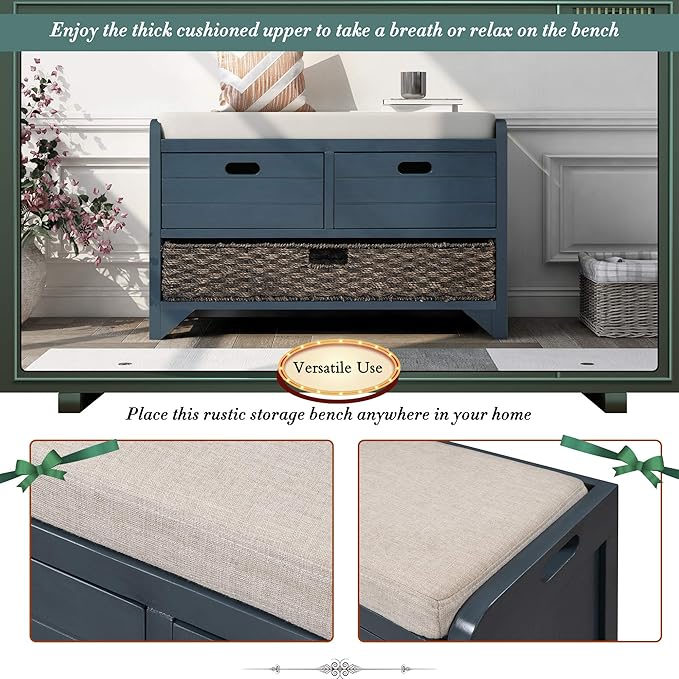 SOFTSEA Upholstered Storage Bench for Entryway, Wood Storage Ottoman with Removable Basket and 2 Drawers, Farmhouse Shoe Bench with Seat Cushion for Entryway, Living Room, Full Assembled, Navy