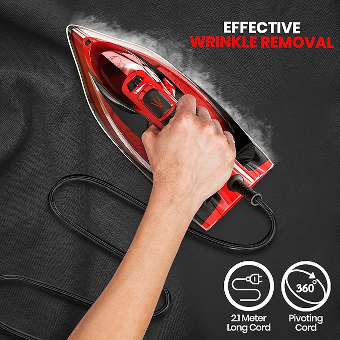 Utopia Home Steam Iron for Clothes - Non-Stick Soleplate - 1800W Clothes Iron With Auto-Off Safety Feature - Adjustable Thermostat Control, Variable Steam Control, Self-Clean, 8 Feet Cord (Black/Red)