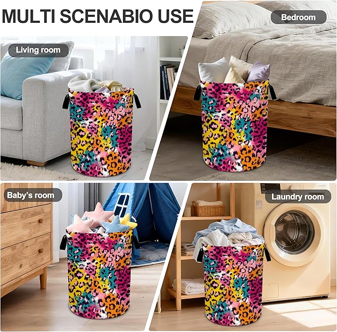 Leopard Print Laundry Basket Storage Bin Foldable Laundry Hamper Clothes Storage Bucket Organizer 19.6x15.7 Inch For Laundry Room/Bedroom/Bathroom