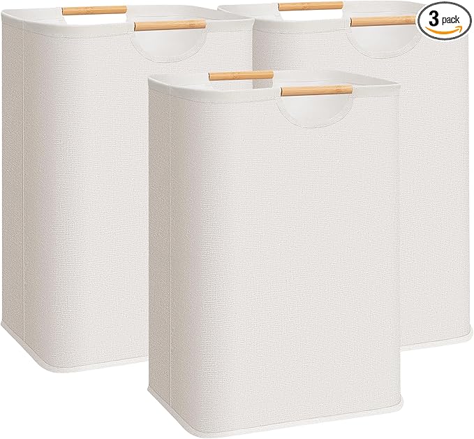 STORAGE MANIAC 3-Pack Large Laundry Hamper, 80L (21.1 Gal) Collapsible Laundry Basket with Bamboo Handles, Freestanding Waterproof Clothes Hamper for Laundry Room, Bedroom, Dorm, Towels, Toys, Beige