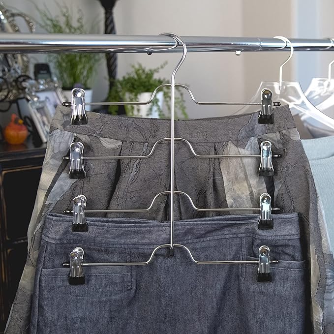 4 Tier Trouser/Skirt Hanger - Chrome & Black Vinyl - 2 PACK
