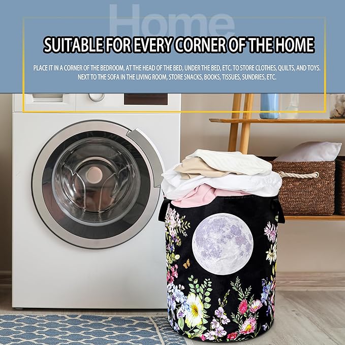 Full Moon Laundry Basket Colorful Flowers Foldable Oxford Cloth Funny Tote Bag Laundry Hamper Clothes Storage Bucket Toy Organizer For Bathroom/Laundry Storage/Bedroom 18.9x16.5 Inch