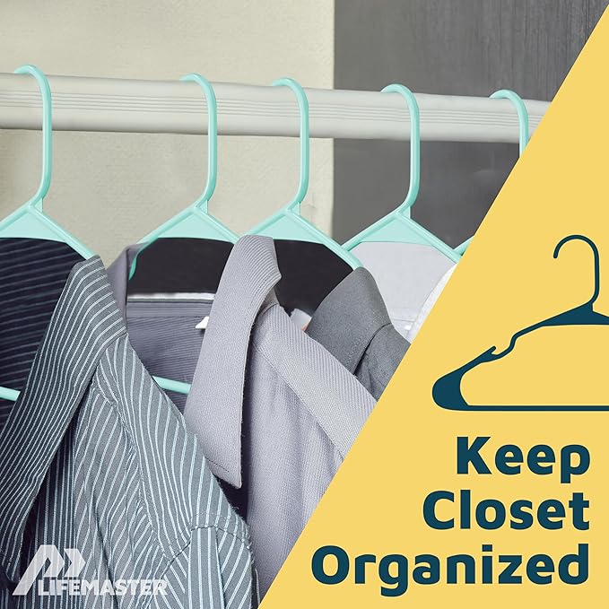 Lifemaster Plastic Clothes Hangers – Heavy Duty Hanger Set, for Organizing Clothes, Dresses, and Coat, Holds Up to 5 lbs, Space-Saving Hangers with Non-Slip Shoulder Grooves, Pack of 100, Aqua