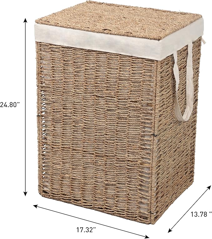 happimess BSK2016A Reed Coastal Bohemian Handwoven Seagrass Laundry Hamper 85L (22.5 Gallon) with Lid and Removable Liner, Seagrass Containers for Decoration in Living Room, Natural