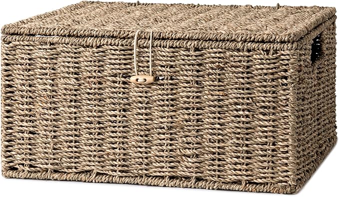 StorageWorks Seagrass Wicker Baskets for Organizing, Large Wicker Basket with Lid, Decorative Basket with Built-in Handles, Storage Baskets for Shelves, 1 Pack