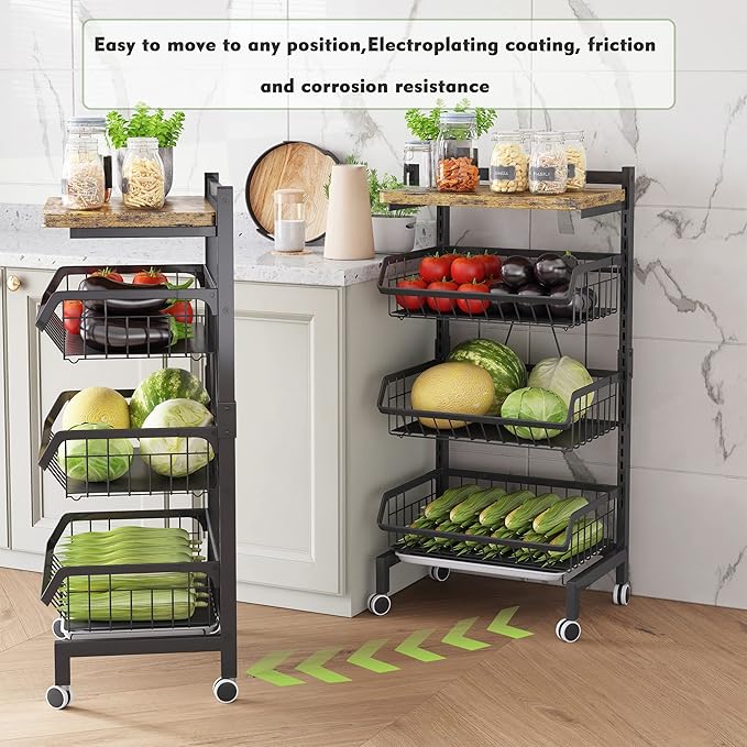 COVAODQ Fruit Basket 4 Tier Adjustable Fruit Vegetable Basket Cart Metal Wire Storage Cart Rolling Pantry Utility Kitchen Cart