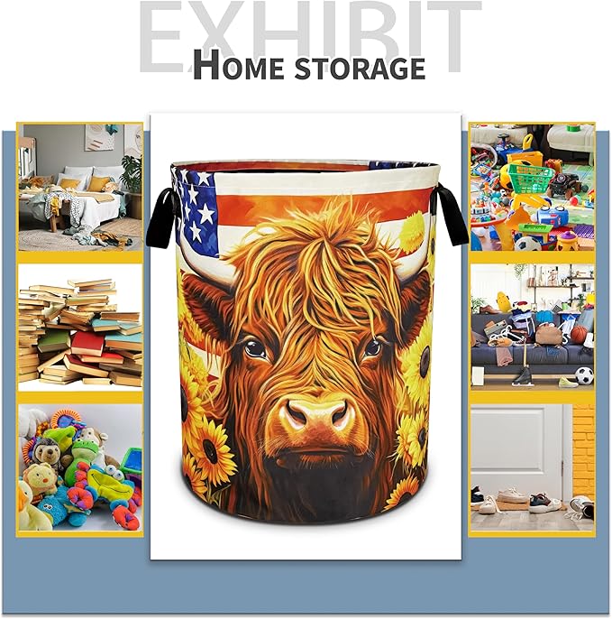 Highland cattle American flag Laundry Basket foldable Oxford Cloth Funny Tote Bag Laundry Hamper Clothes Storage Bucket Toy Organizer For Bathroom/Laundry Storage/Bedroom 18.9x16.5 Inch