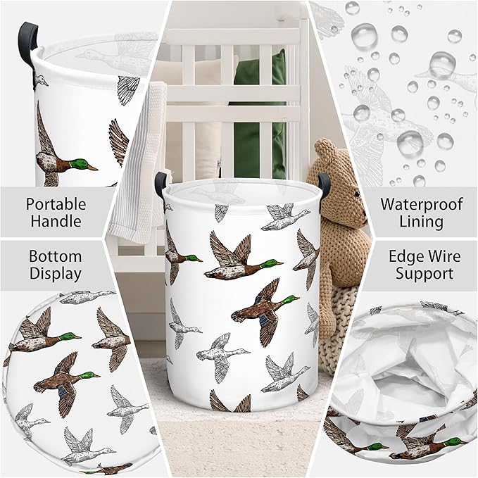 Mallard Duck Laundry Basket, Collapsible Waterproof Oxford Cloth Laundry Hamper, Funny Round Kids Toys Storage Basket as Room Decor, Cute Duck Dirty Clothes Hamper for Bedroom Bathroom (Brown)