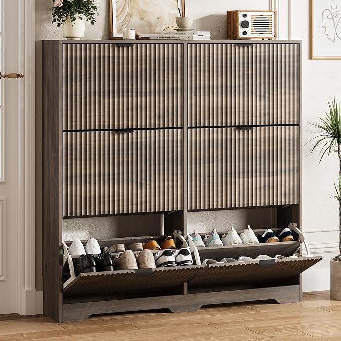 Shoe Cabinet Storage for Entryway with 6 Flip Drawers, Grey Fluted Shoe Cabinet with Adjustable Shelves, Wooden Hidden Shoe Rack Freestanding Narrow Slim Shoes Storage for Hallway, Entrance