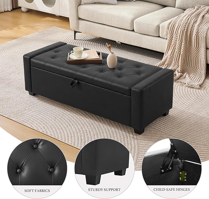 48" Ottoman with Storage, Storage Ottoman Bench with Safety Hinge, Upholstered Entryway Bench with Seating for Bedroom, Living Room, Holds up to 330 lb, Light Black