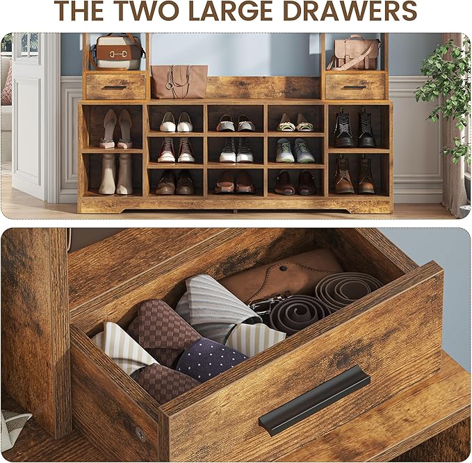 61.6" H White Hall Tree with Bench and Shoe Storage, 6-in-1 Multi-Functional Entryway Bench with 2 Drawers, 5 Coat Racks, Shoe Rack with 13 Shoe Cubbies, Entryway Storage Organizer, Brown