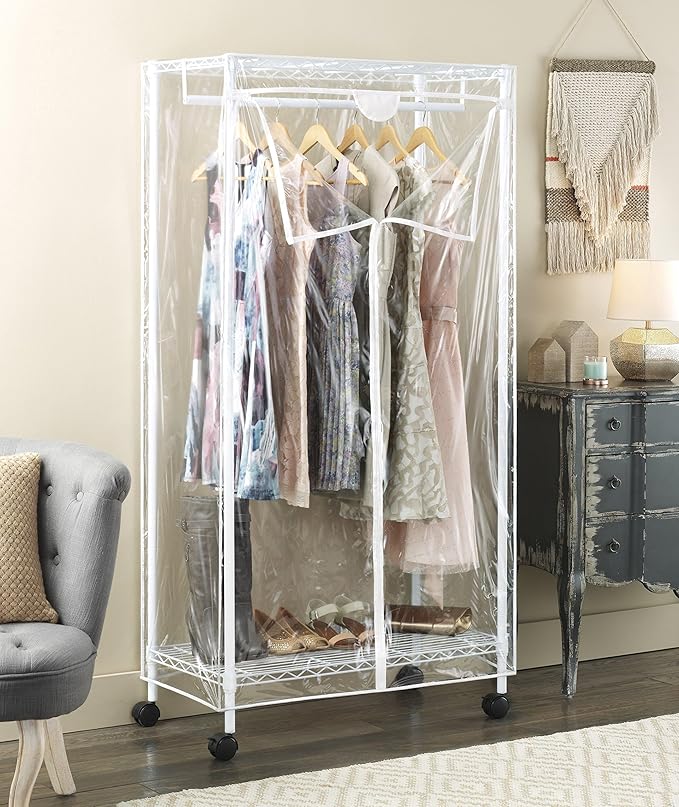 Whitmor Heavy Duty Metal Clothing Rack with Lockable Wheels & 3 Way Zippered Clear Cover, Dustproof Waterproof Garment Rack for Bedroom, Closet, Store, 19"L x 36.75"W x 70.25"H, White