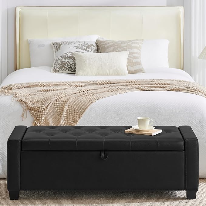 48" Ottoman with Storage, Storage Ottoman Bench with Safety Hinge, Upholstered Entryway Bench with Seating for Bedroom, Living Room, Holds up to 330 lb, Light Black