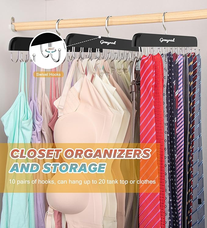 Bra Hanger for Closet, 1 Pack Tank Top Hanger w/20 Hooks Capacity Foldable Wood Space Saving Hangers, 360°Rotating Closet Organizers and Storage for Dorm & Apartment for Bra Scarf Ties(Black)