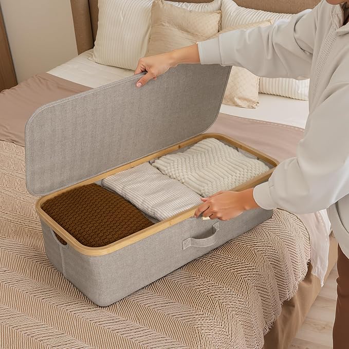 StorageWorks 2-Pack Underbed Storage Box with Bamboo Frame, 42L Flip-Top Under Bed Container for Blankets, Bed Sheets, Coverlets and Towels, Taupe