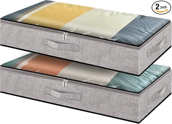 Underbed Storage Containers, Underbed Clothes Organizer Bins with Sturdy zipper, Foldable Under the Bed Storage Bags for Organizing Clothes, Shoes, Blankets, Quilts, Toys, 2 Pack Grey