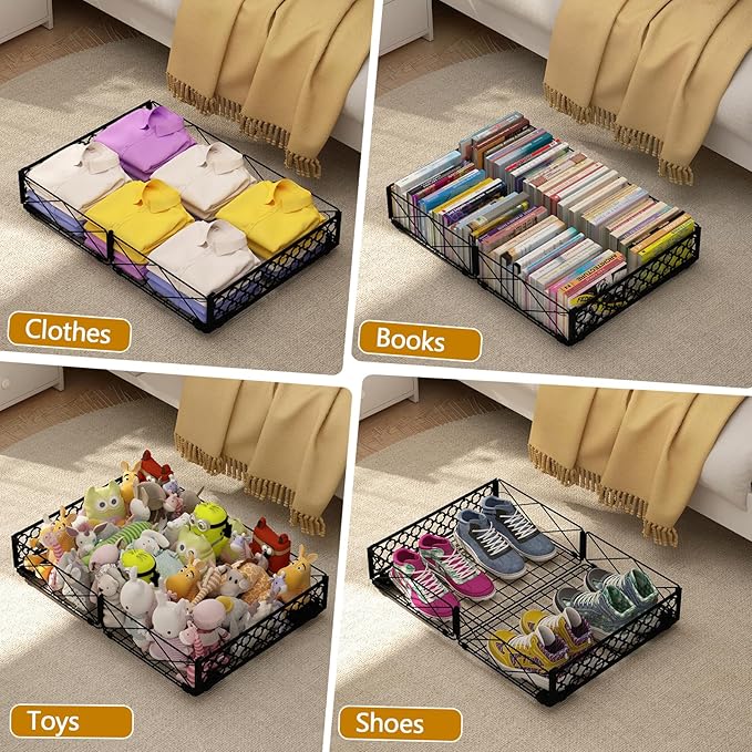 NADAMOO Low Profile Under Bed Storage with Wheels, 4 Pack Rolling Storage Containers, Foldable Metal Organizer Bins