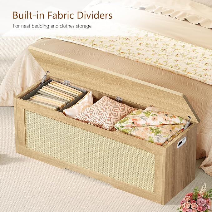 usikey 47.2" Large Storage Chest with Fabric Drawer, Toy Box with Safety Hinges, Extra Wide Storage Bench for Bedroom, Living Room, Entryway, Supports 300 lb