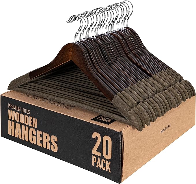 Wooden Hangers - Non Slip Luxury Natural Lotus Wood & Velvet Suit & Pants Hangers - 360 Rotating Hooks - 20 Pack