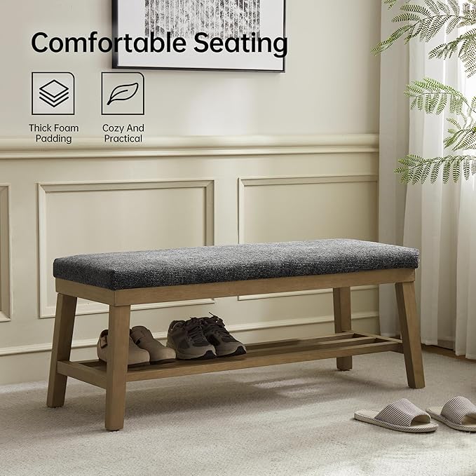 VKNOW Entryway Bench, 44.4" Upholstered Storage Shoe Bench for Entryway & Bedroom, Shoe Rack Bench with Rubberwood Legs, Modern End of Bed Bench for Living Room and Hallway, Black