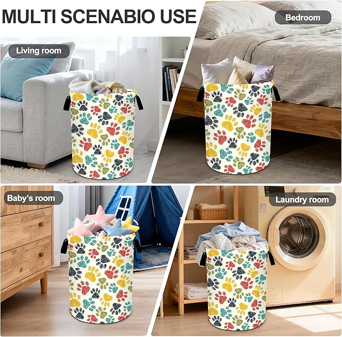 Paw Print Laundry Basket Storage Bin Foldable Laundry Hamper Clothes Storage Bucket Organizer 19.6x15.7 Inch For Laundry Room/Bedroom/Bathroom
